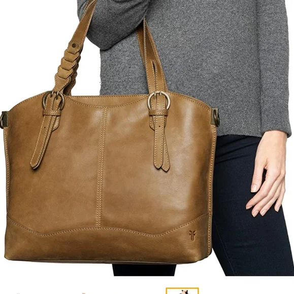 Frye Maddie Shopper Genuine Leather Handbag Tan Caramel Brass Braided Western - Picture 5 of 12